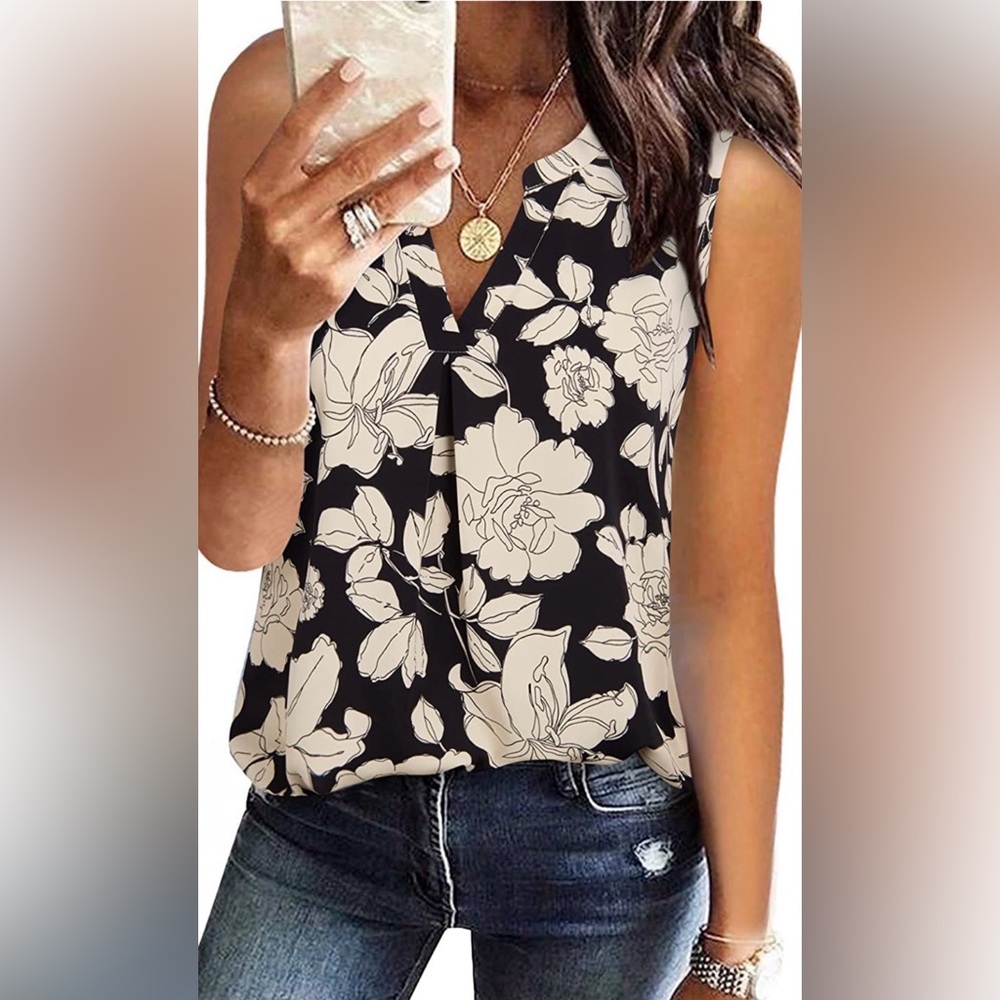 Floral Black and White Sleeveless Top